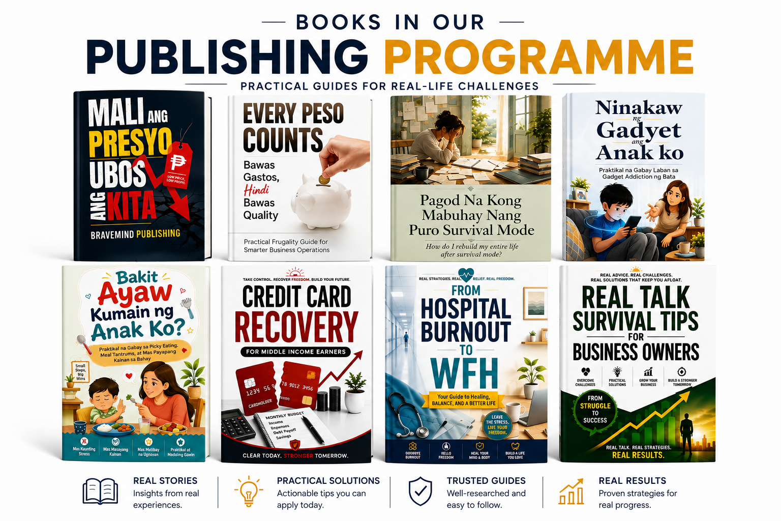 Books in our publishing programme: eight practical book covers with real stories, practical solutions, trusted guides, and real results