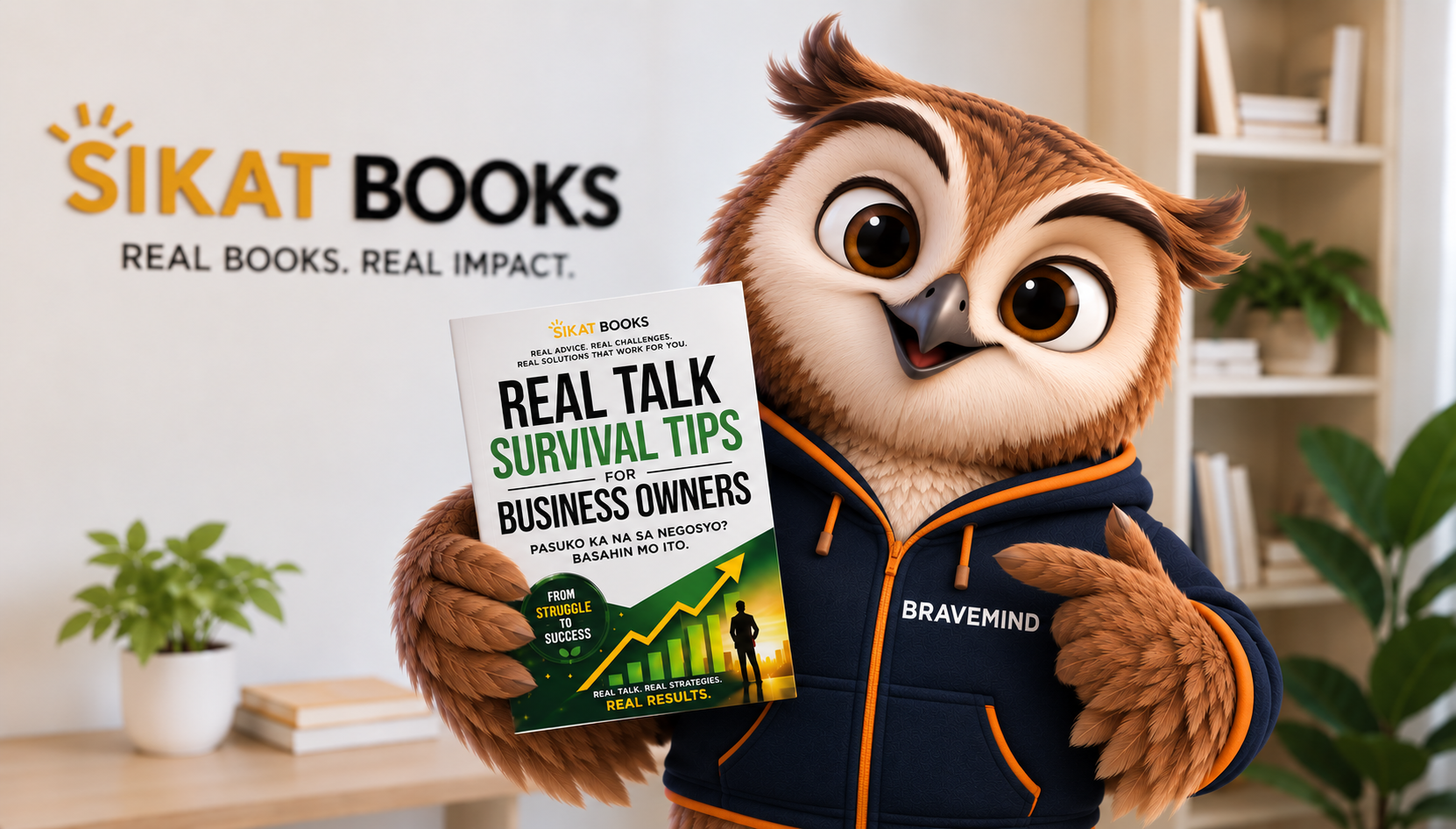 The BraveMind Publishing owl mascot in a navy BRAVEMIND hoodie holding a SIKAT BOOKS title, Real Talk Survival Tips for Business Owners