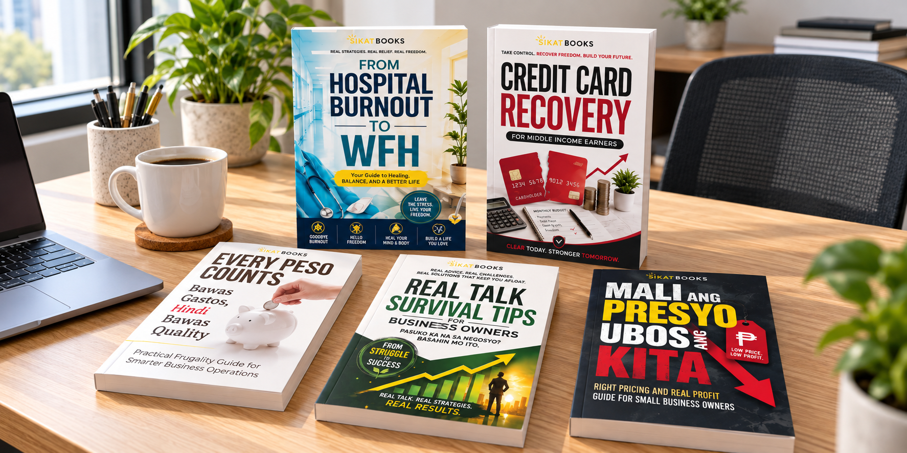 Five SIKAT BOOKS titles displayed on a wooden office desk: From Hospital Burnout to WFH, Credit Card Recovery for Middle Income Earners, Every Peso Counts, Real Talk Survival Tips for Business Owners, and Mali ang Presyo Ubos ang Kita