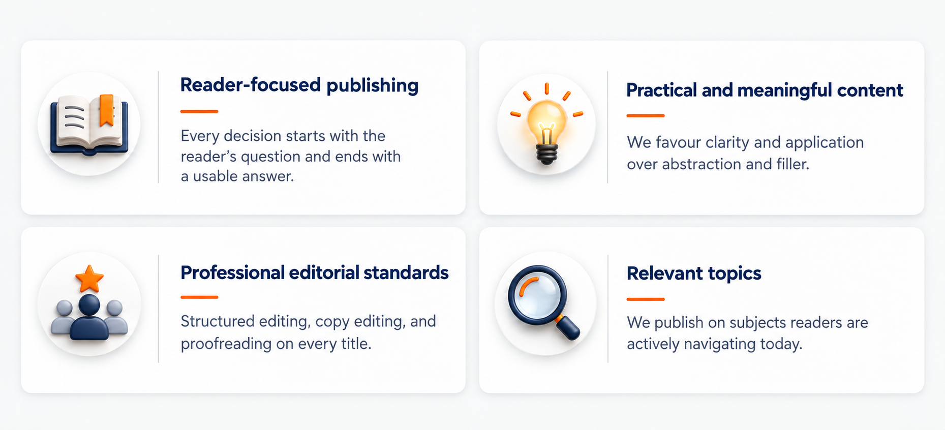 Our publishing philosophy: reader-focused publishing, practical and meaningful content, professional editorial standards, and relevant topics